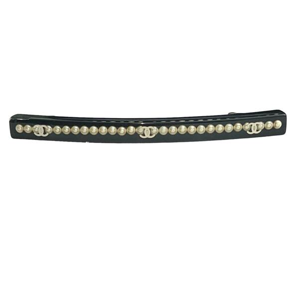 AUTH VTG Chanel Black Resin Pearl & Gold CC Logo Inclusion Hair Clip Barrette main image 9